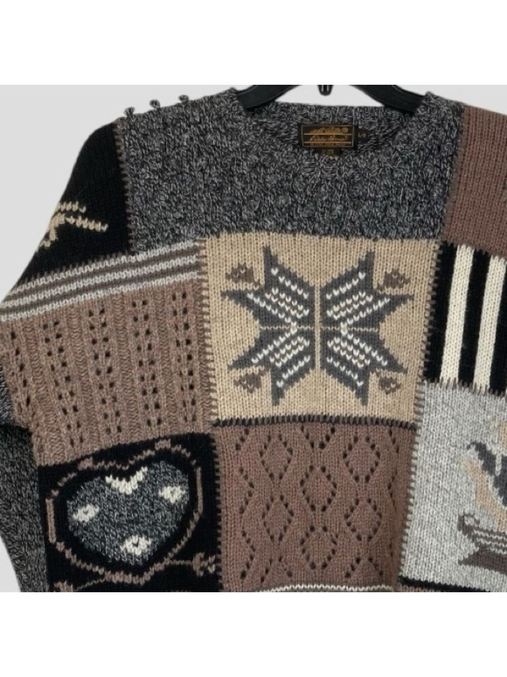 Vintage Eddie Bauer Patchwork Cable Crochet Knit Sweater Cozy Nordic Design Sz.L - Picture 5 of 12